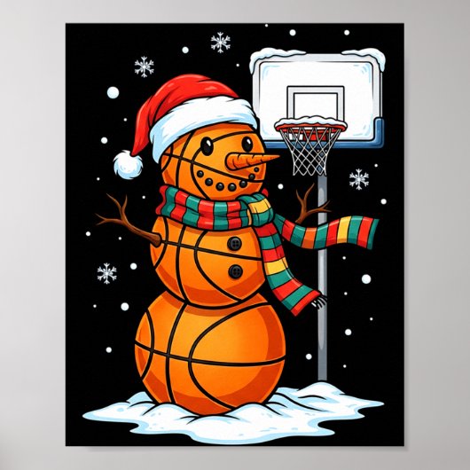 Basketball Snowman Christmas Santa Hat Funny Xmas ポスター (正面)