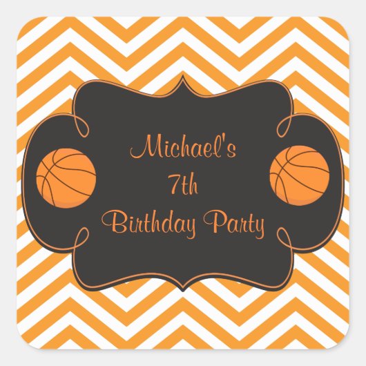 Basketball Sports Orange Birthday スクエアシール (正面)