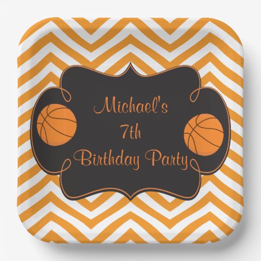 Basketball Sports Orange Birthday ペーパープレート (正面)