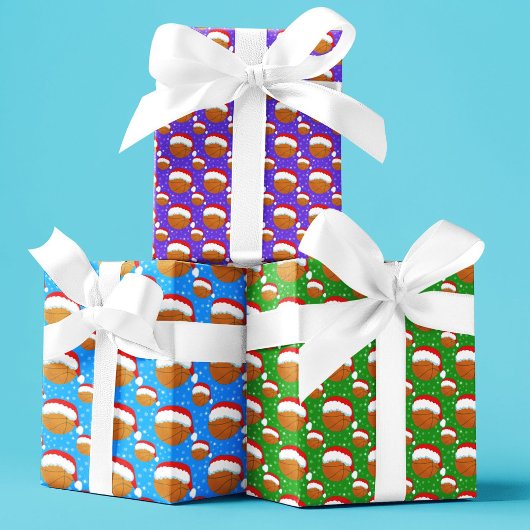 Basketball Wearing Santa's Hat & Snowflakes Colors ラッピングペーパーシート