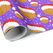 Basketball Wearing Santa's Hat & Snowflakes Purple ラッピングペーパー (ロールコーナー)