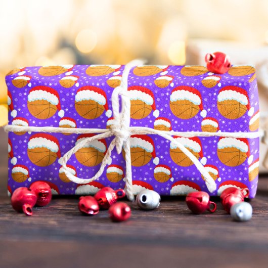 Basketball Wearing Santa's Hat & Snowflakes Purple ラッピングペーパー