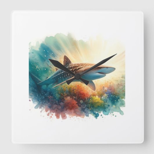 Basking Shark Elegance AREF804 - Watercolor スクエア壁時計 (正面)