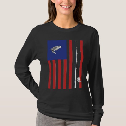 Bass American Flag Fishing Pole Tシャツ (正面)