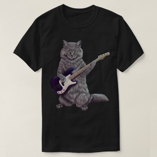 Bass Cat – ロックバンド子猫遊ズ・ザ・ベース・ギター Tシャツ (デザイン正面)