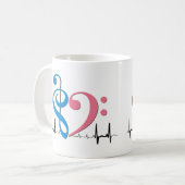 Bass Clef Heart EKG Waves Cyan & Bubblegum Pink コーヒーマグカップ (正面左)