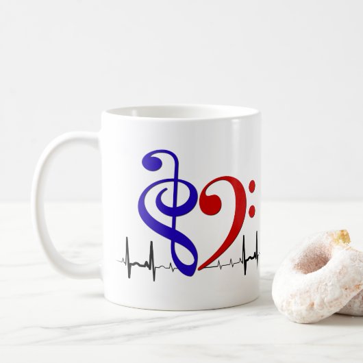 Bass Clef Heart EKG Waves Navy Blue & Red コーヒーマグカップ (ドーナツ)
