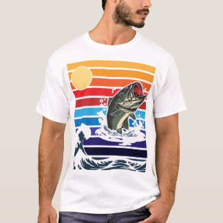 Bass Mouth Retro Sunset Jumping Fish Tシャツ