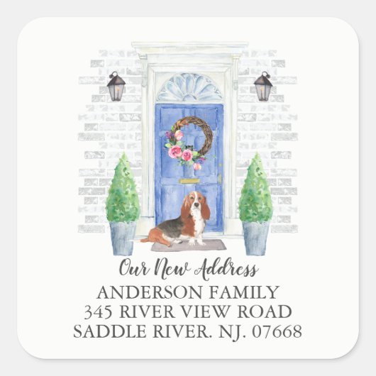 Basset Hound Blue Door新しいアドレスラベルシール スクエアシール (正面)