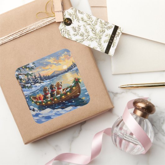 Basset Hound Christmas Boat Holiday スクエアシール (ギフト)