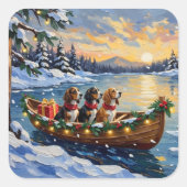 Basset Hound Christmas Boat Holiday スクエアシール (正面)