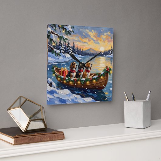 Basset Hound Christmas Boat Holiday スクエア壁時計 (オフィス)