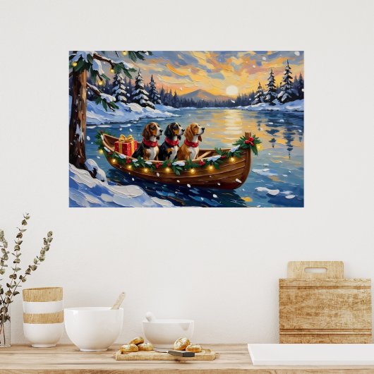 Basset Hound Christmas Boat Holiday ポスター (キッチン)