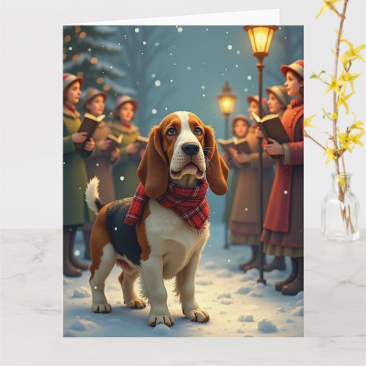 Basset Hound Christmas Carol Singers Painting カード (黄色い花)