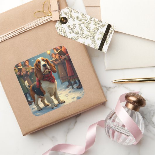 Basset Hound Christmas Carol Singers Painting スクエアシール (ギフト)