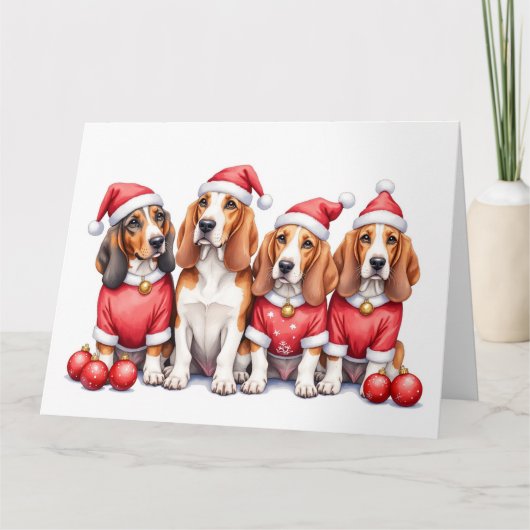 Basset Hound Christmas Dress Santa Hat カード (正面)