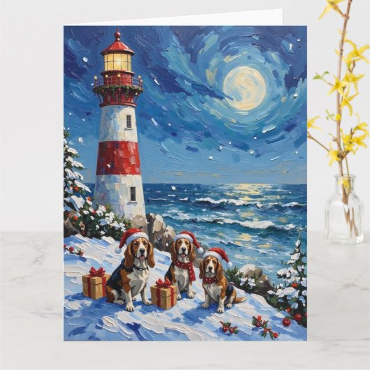 Basset Hound Christmas Lighthouse Holiday カード (黄色い花)