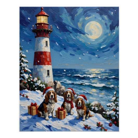 Basset Hound Christmas Lighthouse Holiday ポスター (正面)