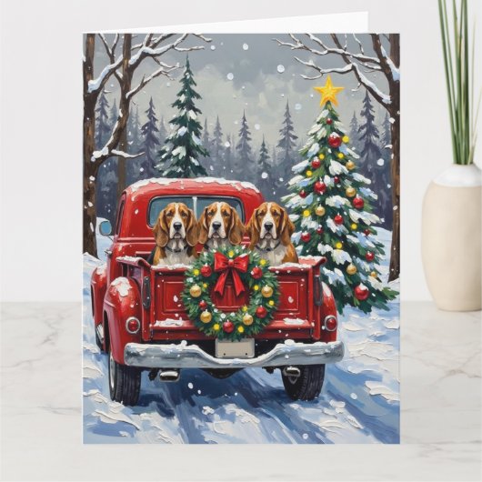 Basset Hound Christmas Red Truck Holiday カード (正面)