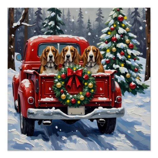 Basset Hound Christmas Red Truck Holiday ポスター (正面)