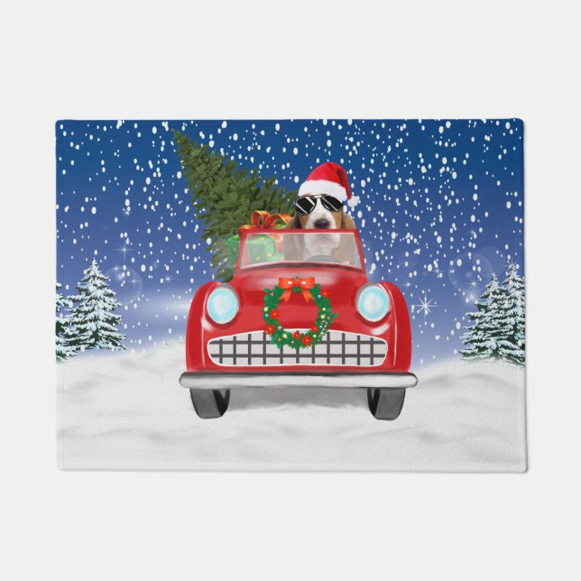 Basset Hound Dog Driving Car In Snow Christmas  ドアマット (正面)