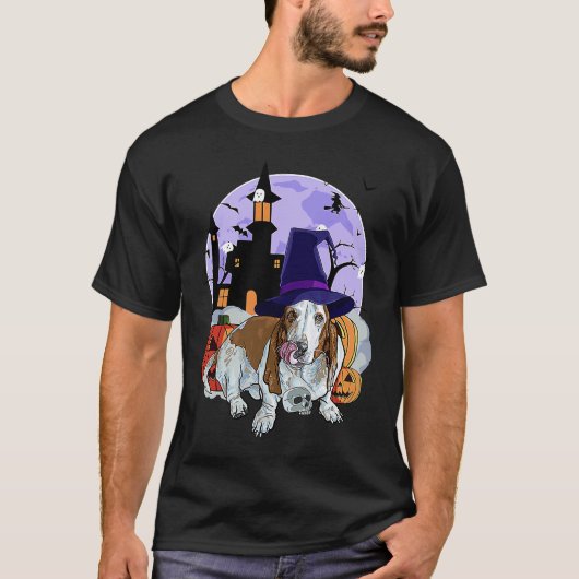 Basset Hound Dog Halloween Witch Pumpkin Tシャツ (正面)