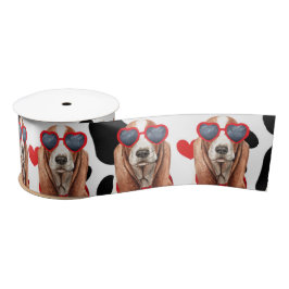 Basset Hound Dog Love with Paw Prints andハート サテンリボン