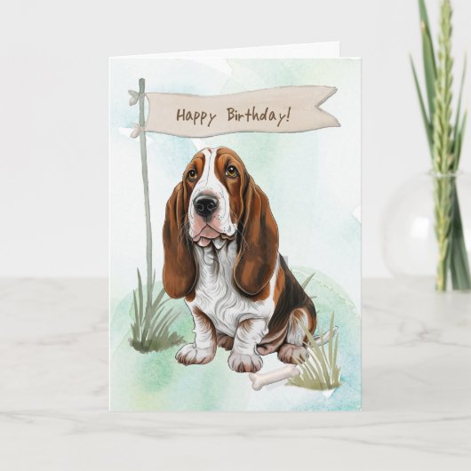 Basset Hound Dog Outdoors Under Birthday Sign カード (正面)