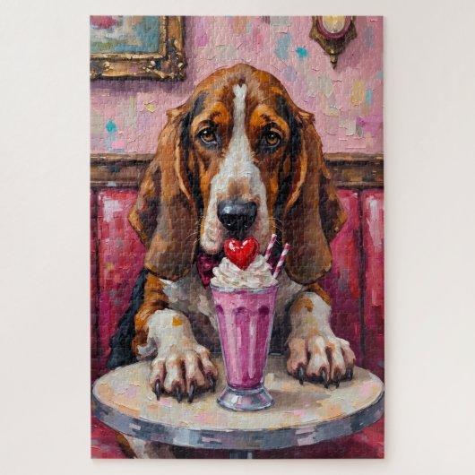 Basset Hound Dog Valentine's Day Heart Milkshake ジグソーパズル (縦)