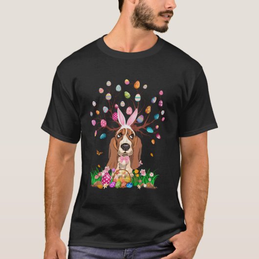 Basset Hound Dog With Bunny Ears Easter Egg Tree E Tシャツ (正面)