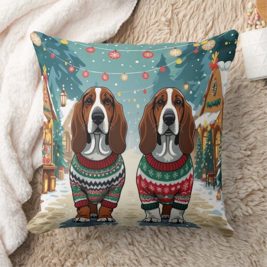 Basset Hound Dogs Christmas Snow Holiday クッション (ブランケット)