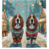 Basset Hound Dogs Christmas Snow Holiday シャワーカーテン (正面)