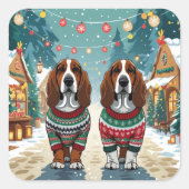 Basset Hound Dogs Christmas Snow Holiday スクエアシール (正面)