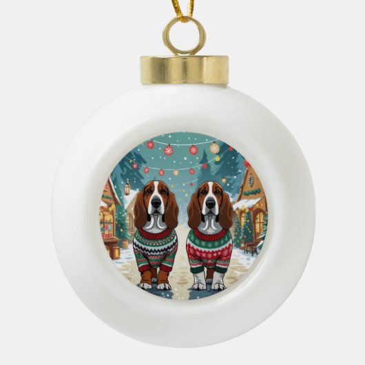 Basset Hound Dogs Christmas Snow Holiday セラミックボールオーナメント (正面)
