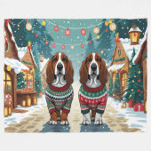Basset Hound Dogs Christmas Snow Holiday フリースブランケット (正面(横))