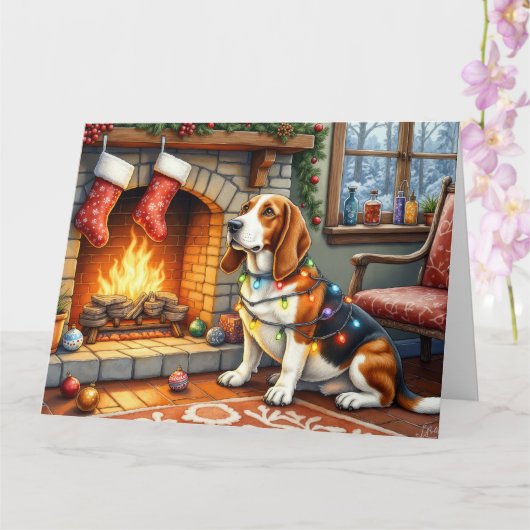 Basset Hound Fireplace with Christmas Lights カード (蘭)