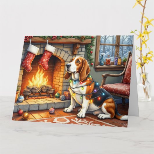 Basset Hound Fireplace with Christmas Lights カード (黄色い花)