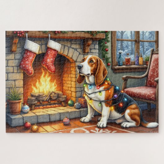 Basset Hound Fireplace with Christmas Lights ジグソーパズル (横)