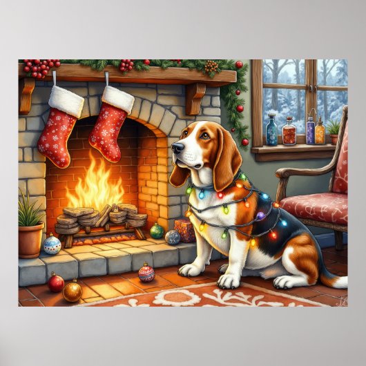 Basset Hound Fireplace with Christmas Lights ポスター (正面)