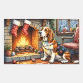 Basset Hound Fireplace with Christmas Lights 長方形シール (正面)