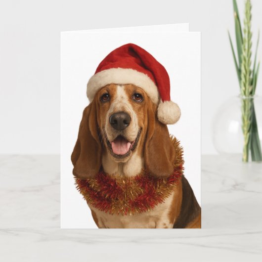 Basset Hound in a Santa hat Christmas card カード (正面)