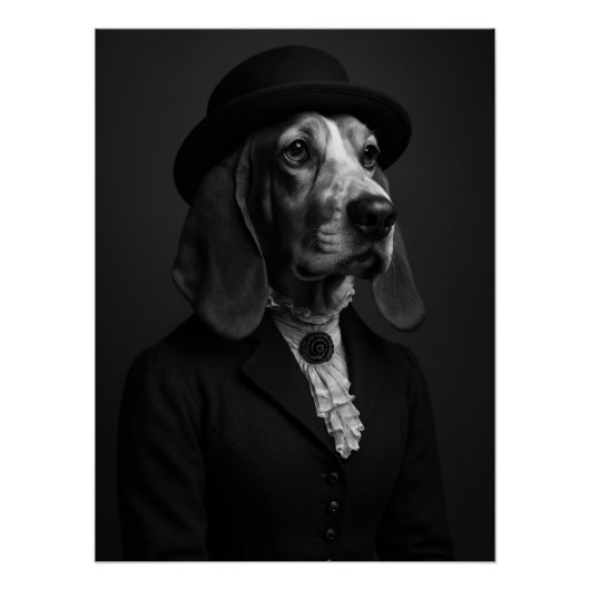 Basset Hound in Bowler Hat & Ruffled Blouse ポスター (正面)
