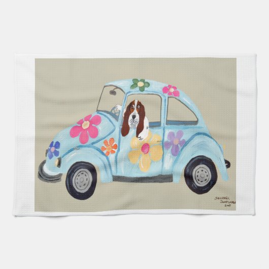 Basset Hound in Hippie car  キッチンタオル (横)