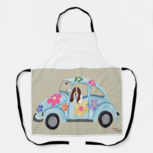 Basset Hound in Hippie car All-Over Print Apron エプロン (正面)
