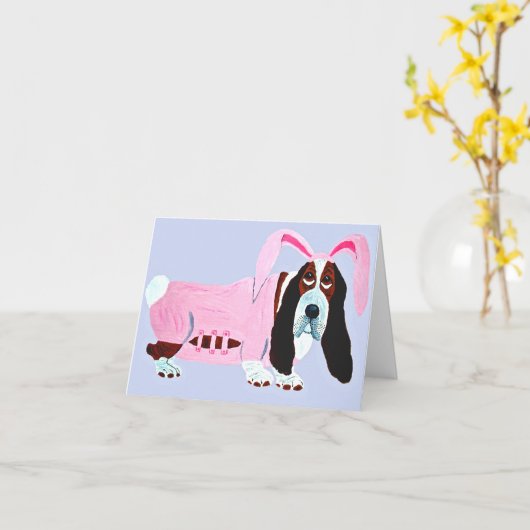 Basset Hound In Pink Bunny Suit カード (黄色い花)