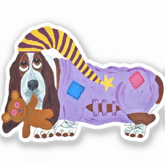 Basset Hound in PJs with teddy bear シール (正面)