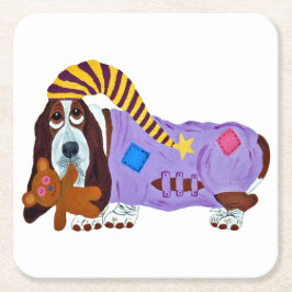 Basset Hound in PJs with teddy bear スクエアペーパーコースター