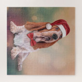 Basset Hound in red hat of Santa Claus ジグソーパズル (横)