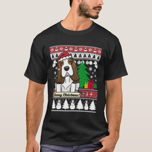 Basset Hound Merry Christmas Tree Dog Xmas Snow Sa Tシャツ (正面)