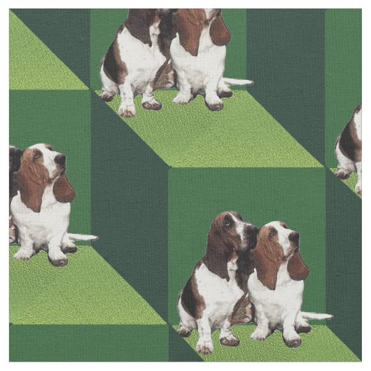Basset Hound on Green Cube ファブリック (クローズアップ)